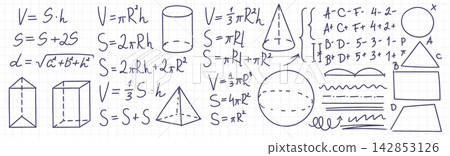 School notebook page with math doodle and formulas School notebook page with math doodle and formulas 142853126