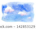 Watercolor vivid blue sky with soft white and pink fluffy clouds 142853129