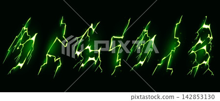 Neon green lightning bolt effect set on black Neon green lightning bolt effect set on black 142853130
