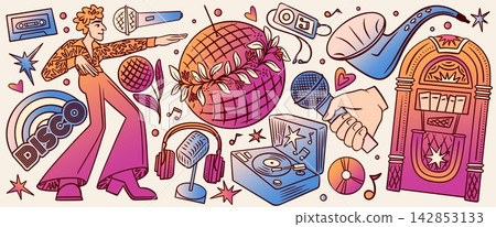 Retro disco stickers set for dance party poster Retro disco stickers set for dance party poster 142853133