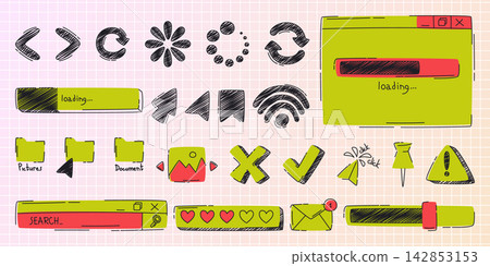 Hand drawn doodle browser ui icons, search bars Hand drawn doodle browser ui icons, search bars 142853153