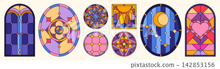 Gothic church windows with ornate arch frame 142853156
