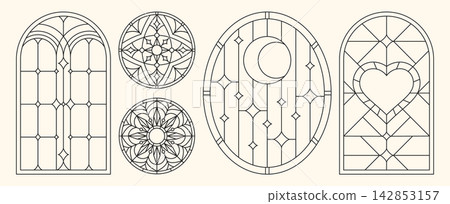 Gothic church windows with ornate arch frame Gothic church windows with ornate arch frame 142853157