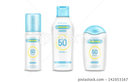 Sunscreen bottle mockup set isolated on background Sunscreen bottle mockup set isolated on background 142853167