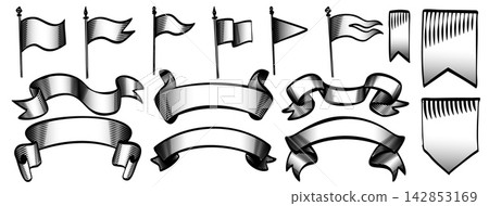 Hand drawn vintage ribbon banners, scroll frames Hand drawn vintage ribbon banners, scroll frames 142853169
