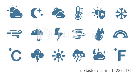 Weather icons, ui line art meteo symbols Weather icons, ui line art meteo symbols 142853175