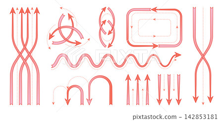 Red arrows of heat flow direction, hot air icons Red arrows of heat flow direction, hot air icons 142853181