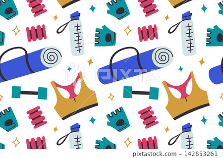 Fitness and gym equipment seamless pattern, flat cartoon yoga mat, water bottle, dumbbell, sports bra, workout gloves and ankle weights. Active lifestyle and training accessories vector illustration Fitness and gym equipment seamless pattern, flat cartoon yoga mat, water bottle, dumbbell, sports bra, workout gloves and ankle weights. Active lifestyle and training accessories vector illustration 142853261