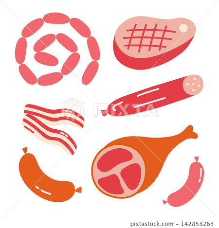 Meat and sausage products clipart set, flat cartoon sausage links, grilled steak, salami stick, bacon strips, frankfurter, ham leg and small sausages. Butcher shop and deli meats vector illustration Meat and sausage products clipart set, flat cartoon sausage links, grilled steak, salami stick, bacon strips, frankfurter, ham leg and small sausages. Butcher shop and deli meats vector illustration 142853263