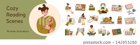 Cozy reading scenes set, flat cartoon characters reading in comfortable poses. Open books, stacked books, glasses, bookmarks, cozy accessories, book lover, literary lifestyle vector illustrations Cozy reading scenes set, flat cartoon characters reading in comfortable poses. Open books, stacked books, glasses, bookmarks, cozy accessories, book lover, literary lifestyle vector illustrations 142853280