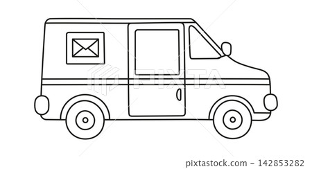 Cute mail delivery van icon, black and white outline vector illustration for kids coloring page. Postal service vehicle with envelope logo, children transport line art drawing Cute mail delivery van icon, black and white outline vector illustration for kids coloring page. Postal service vehicle with envelope logo, children transport line art drawing 142853282