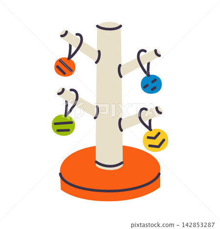 Wooden bird toy tree stand with colorful hanging ball toys, flat cartoon pet enrichment accessory for parrots and budgies. Branch perch with foraging pendants, cage activity toy vector illustration Wooden bird toy tree stand with colorful hanging ball toys, flat cartoon pet enrichment accessory for parrots and budgies. Branch perch with foraging pendants, cage activity toy vector illustration 142853287