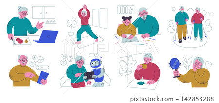 Elderly people daily life scenes set, flat cartoon senior characters cooking, doing yoga, nordic walking, using tablet, AI robot assistant, drinking coffee. Active aging lifestyle vector illustration Elderly people daily life scenes set, flat cartoon senior characters cooking, doing yoga, nordic walking, using tablet, AI robot assistant, drinking coffee. Active aging lifestyle vector illustration 142853288