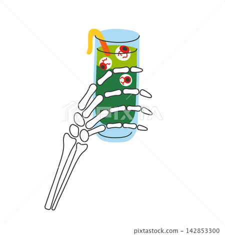 Halloween skeleton hand holding green spooky cocktail with eyeball garnishes and straw, flat cartoon bone hand with creepy horror party drink. Haunted celebration, trick or treat vector illustration Halloween skeleton hand holding green spooky cocktail with eyeball garnishes and straw, flat cartoon bone hand with creepy horror party drink. Haunted celebration, trick or treat vector illustration 142853300