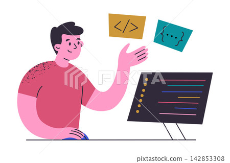 Male programmer character at desktop monitor with colorful code, flat cartoon developer with HTML, JSON code tags. Software development, coding profession, web developer workspace vector illustration Male programmer character at desktop monitor with colorful code, flat cartoon developer with HTML, JSON code tags. Software development, coding profession, web developer workspace vector illustration 142853308