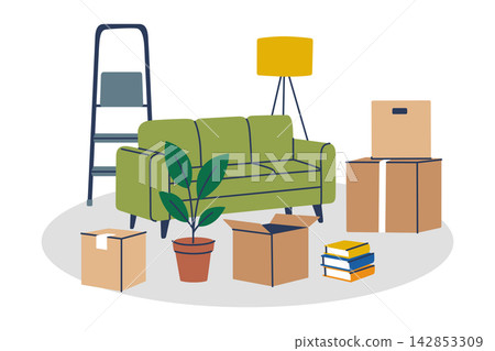 Moving day scene with furniture and belongings, flat cartoon green sofa, floor lamp, stepladder, houseplant, cardboard boxes and stacked books. Home relocation and unpacking vector illustration Moving day scene with furniture and belongings, flat cartoon green sofa, floor lamp, stepladder, houseplant, cardboard boxes and stacked books. Home relocation and unpacking vector illustration 142853309