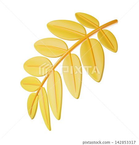 Stylized yellow Rowan leaf branch with multiple leaflets on an orange stem. Vivid decorative icon for autumn, nature, branding, and product photography. Stylized yellow Rowan leaf branch with multiple leaflets on an orange stem. Vivid decorative icon for autumn, nature, branding, and product photography. 142853317
