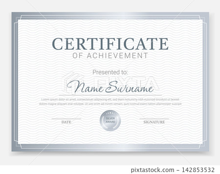 Elegant Silver Diploma with Decorative Border, Achievement Title and Silver Award Seal. Vector Certificate Template. Horizontal Format Elegant Silver Diploma with Decorative Border, Achievement Title and Silver Award Seal. Vector Certificate Template. Horizontal Format 142853532
