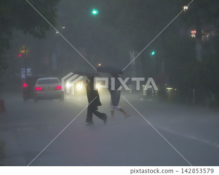 Pedestrians crossing a crosswalk on a rainy day Pedestrians crossing a crosswalk on a rainy day 142853579