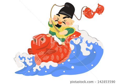 A dynamic illustration of Ebisu riding on a sea bream and fishing for sea bream, bringing good fortune. A dynamic illustration of Ebisu riding on a sea bream and fishing for sea bream, bringing good fortune. 142853590