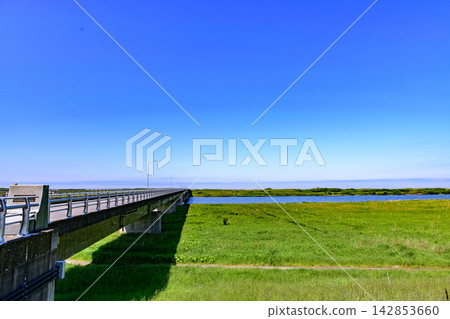 Under a clear blue sky, the Orolon Line continues north from Teshio, crossing 45 degrees north latitude. Under a clear blue sky, the Orolon Line continues north from Teshio, crossing 45 degrees north latitude. 142853660