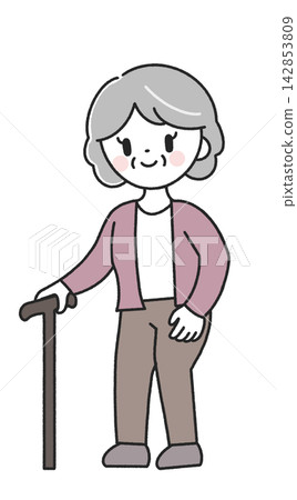 Elderly woman walking with a cane Elderly woman walking with a cane 142853809