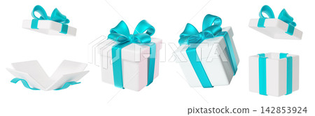 Set of white gift boxes with turquoise ribbons in various angles. Festive packaging for gifts, celebrations, and product photography. 142853924
