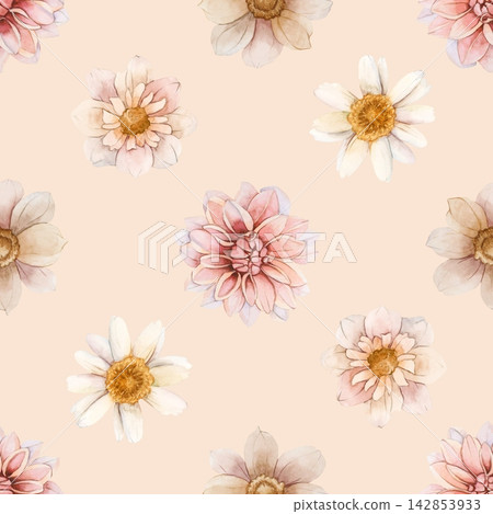 Autumn flower Seamless Pattern Dahlia Chrysanthemum Daisy. Watercolor hand drawn floral illustration isolated on beige background wedding design home textile print cosmetic package porcelain crockery Autumn flower Seamless Pattern Dahlia Chrysanthemum Daisy. Watercolor hand drawn floral illustration isolated on beige background wedding design home textile print cosmetic package porcelain crockery 142853933