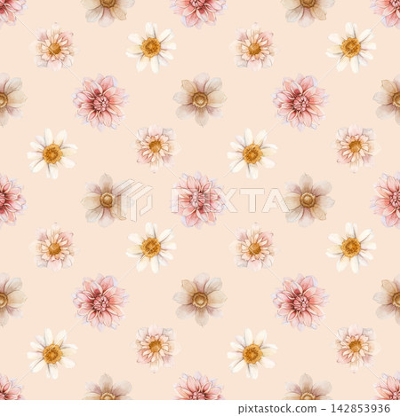 Autumn flower Seamless Pattern Dahlia Chrysanthemum Daisy. Watercolor hand drawn floral illustration isolated on beige background wedding design home textile print cosmetic package porcelain crockery Autumn flower Seamless Pattern Dahlia Chrysanthemum Daisy. Watercolor hand drawn floral illustration isolated on beige background wedding design home textile print cosmetic package porcelain crockery 142853936