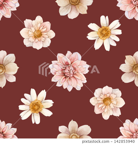 Autumn flower Seamless Pattern Dahlia Chrysanthemum Daisy. Watercolor hand drawn floral illustration isolated on red background wedding design home textile print cosmetic package porcelain crockery Autumn flower Seamless Pattern Dahlia Chrysanthemum Daisy. Watercolor hand drawn floral illustration isolated on red background wedding design home textile print cosmetic package porcelain crockery 142853940