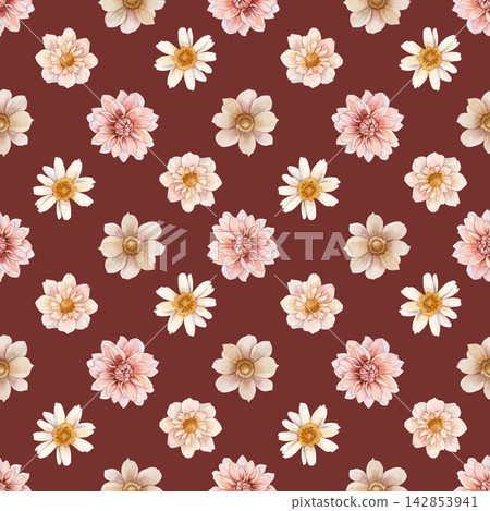 Autumn flower Seamless Pattern Dahlia Chrysanthemum Daisy. Watercolor hand drawn floral illustration isolated on red background wedding design home textile print cosmetic package porcelain crockery Autumn flower Seamless Pattern Dahlia Chrysanthemum Daisy. Watercolor hand drawn floral illustration isolated on red background wedding design home textile print cosmetic package porcelain crockery 142853941