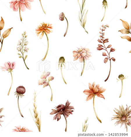 Autumn flower Seamless Pattern Dahlia Chrysanthemum Aster Echinacea wildflowers. Watercolor hand drawn floral illustration isolated on white background for wedding design home textile cosmetic package Autumn flower Seamless Pattern Dahlia Chrysanthemum Aster Echinacea wildflowers. Watercolor hand drawn floral illustration isolated on white background for wedding design home textile cosmetic package 142853994