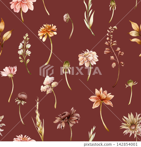 Autumn flower Seamless Pattern Dahlia Chrysanthemum Aster Echinacea wildflowers. Watercolor hand drawn floral illustration isolated on red background for wedding design home textile cosmetic package 142854001