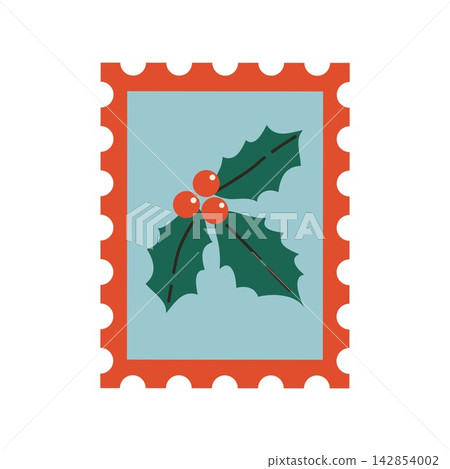 Christmas postage stamp with green holly leaves and red berries Christmas postage stamp with green holly leaves and red berries 142854002