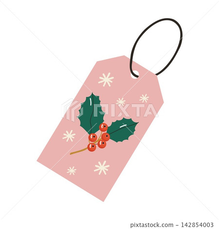 Pink christmas gift tag with holly branch and string loop Pink christmas gift tag with holly branch and string loop 142854003