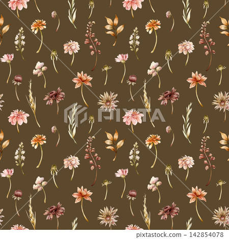 Autumn flower Seamless Pattern Dahlia Chrysanthemum Aster Echinacea wildflower. Watercolor hand drawn floral illustration isolated on dark brown background wedding design home textile cosmetic package Autumn flower Seamless Pattern Dahlia Chrysanthemum Aster Echinacea wildflower. Watercolor hand drawn floral illustration isolated on dark brown background wedding design home textile cosmetic package 142854078