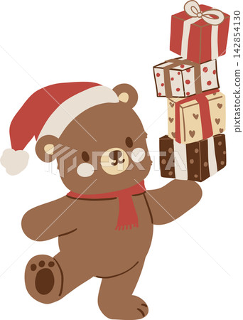 Christmas bear wearing Santa hat and scarf balances stacked gifts while walking, cute cartoon teddy character carrying festive presents with ribbons and bows in cheerful holiday vector illustration Christmas bear wearing Santa hat and scarf balances stacked gifts while walking, cute cartoon teddy character carrying festive presents with ribbons and bows in cheerful holiday vector illustration 142854130
