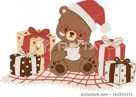 Christmas cartoon bear wearing Santa hat and glasses holds a cozy mug among wrapped gifts, ribbons, bows, and plaid blanket in a cute festive holiday vector illustration 142854131