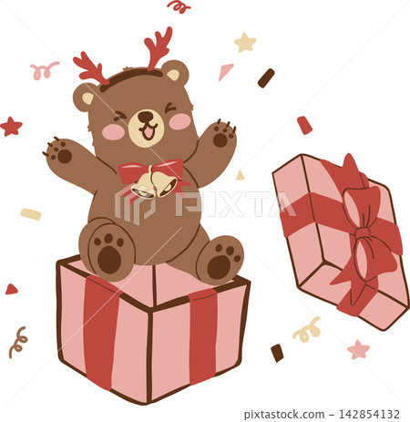 Cute Christmas cartoon bear with reindeer antlers sitting on a gift box, surrounded by confetti, stars, streamers and presents in a cheerful festive holiday vector illustration Cute Christmas cartoon bear with reindeer antlers sitting on a gift box, surrounded by confetti, stars, streamers and presents in a cheerful festive holiday vector illustration 142854132
