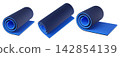 3d blue rolled yoga mats with textured surfaces isolated on background. Fitness icon for yoga, Pilates, and studio wellness campaigns. 142854139