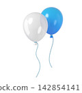 3d white and blue balloons with strings isolated on background. Festive decor for parties, events, and birthday. 142854141