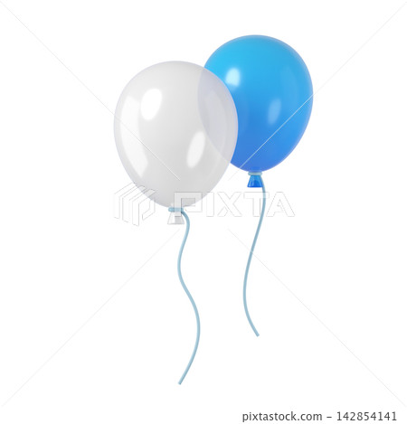 3d white and blue balloons with strings isolated on background. Festive decor for parties, events, and birthday. 3d white and blue balloons with strings isolated on background. Festive decor for parties, events, and birthday. 142854141