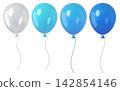 Set of glossy balloons in white and blue, tied with ribbons isolated on background. Ideal for party decor, celebrations, and happy birthday.  142854146