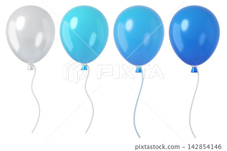 Set of glossy balloons in white and blue, tied with ribbons isolated on background. Ideal for party decor, celebrations, and happy birthday. Set of glossy balloons in white and blue, tied with ribbons isolated on background. Ideal for party decor, celebrations, and happy birthday. 142854146