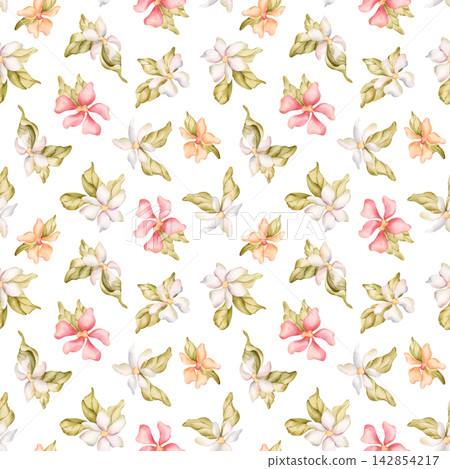 Cute Little Flower Seamless Pattern Jasmine Apple Blossom Blooming. Watercolor hand drawn floral illustration isolated on white background summer fresh design home textile cosmetic package crockery Cute Little Flower Seamless Pattern Jasmine Apple Blossom Blooming. Watercolor hand drawn floral illustration isolated on white background summer fresh design home textile cosmetic package crockery 142854217