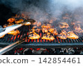 Grilled chicken pieces over hot charcoal with smoky flavor. Outdoor BBQ Grilled chicken pieces over hot charcoal with smoky flavor. Outdoor BBQ 142854461
