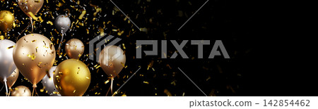 Gold copper and silver balloons with foil confetti falling on black background with copy space design for Merry christmas and Happy new year banner 3d render Gold copper and silver balloons with foil confetti falling on black background with copy space design for Merry christmas and Happy new year banner 3d render 142854462