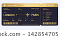 Black and Ggold Airline Ticket Design Isolated on White Background, Luxury Boarding Pass Concept with Barcode 142854705