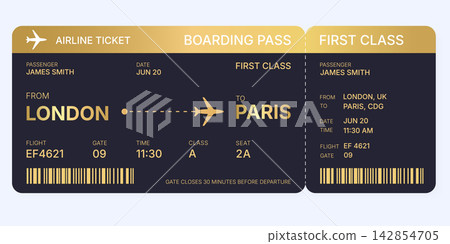 Black and Ggold Airline Ticket Design Isolated on White Background, Luxury Boarding Pass Concept with Barcode Black and Ggold Airline Ticket Design Isolated on White Background, Luxury Boarding Pass Concept with Barcode 142854705