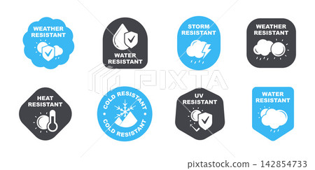 Weather Resistant Badge Set with Water, Storm, Heat, Cold and UV Protection, Flat Vector Label and icons 142854733